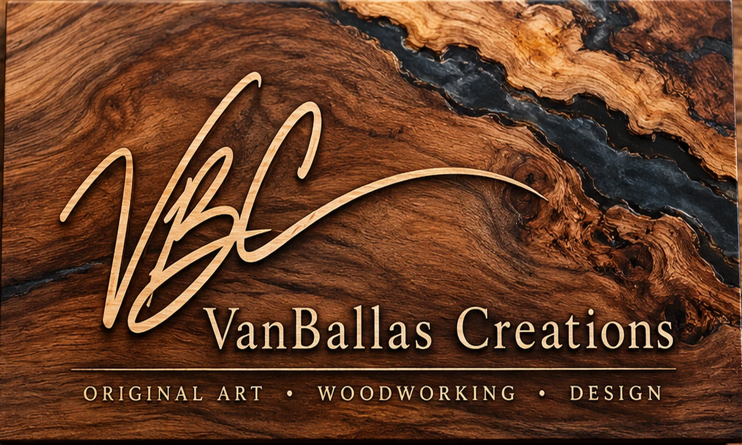VanBallas Creations woodgrain and black resin business card with signature VBC mark